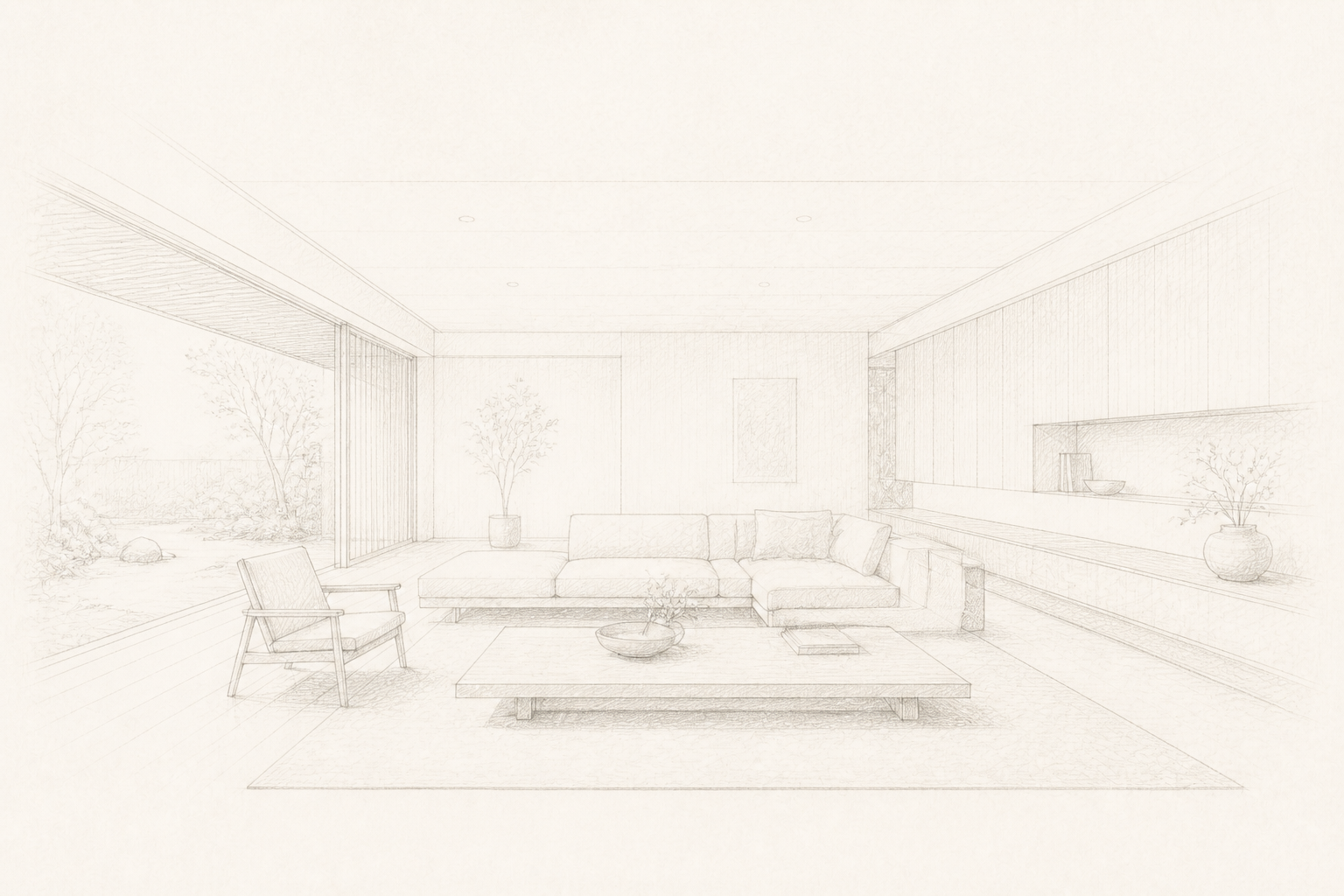 近日公開予定の住まいを表すリビングの建築線画
